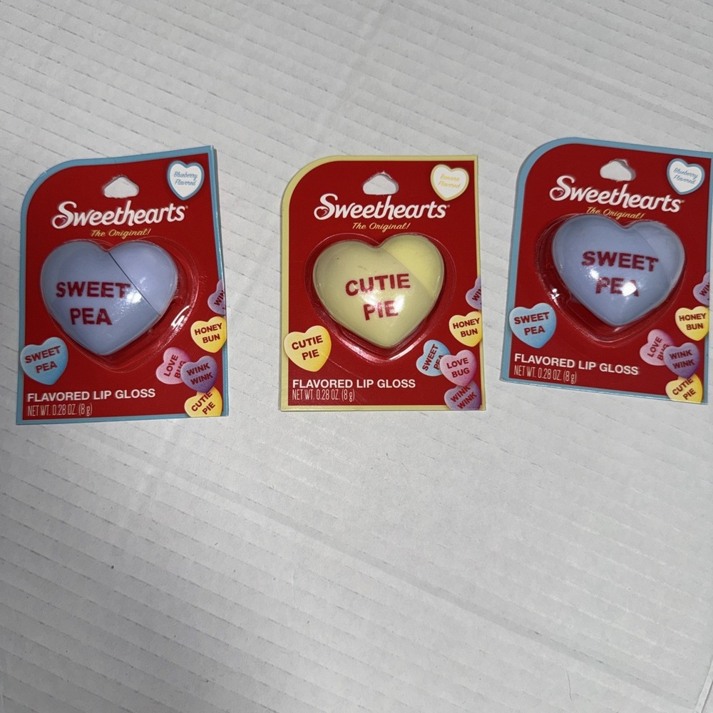 3 NEW Sweethearts heart shaped Lipgloss 2 blueberry, 1 Banana